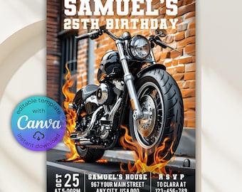 Invitación de cumpleaños de motocicleta de fuego, invitación de motocicleta vintage, invitación a fiesta de motociclistas, cumpleaños de motociclistas, invitación de motociclista