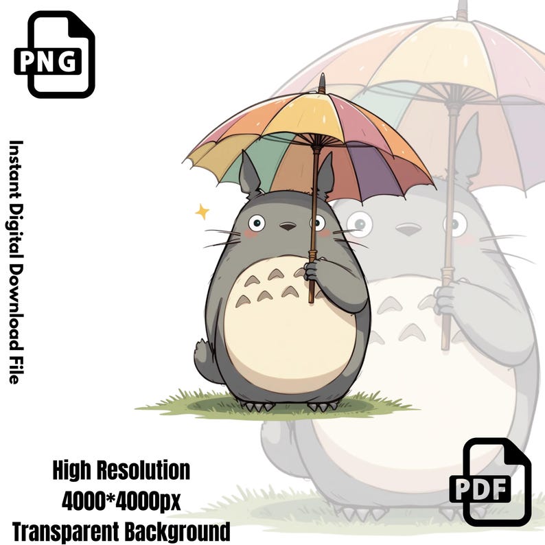 Op de afbeelding: Een cartoon illustratie van een grijs, harig wezen dat een kleurrijke paraplu vasthoudt. Het wezen heeft een cr&egrave;mekleurige buik en staat op groen gras. De afbeelding bevat de tekst "PNG", "Instant Digital Download File", "High Resolution 4000*4000px", "Transparent Background" en "PDF".