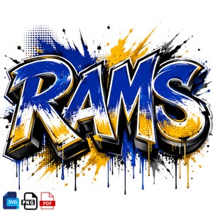 Könnte beinhalten: Das Wort RAMS in einer fetten, stilisierten Schriftart mit einem Farbschema in Blau, Weiß und Gelb. Die Buchstaben weisen einen verwaschenen Farbspritzereffekt mit nach unten verlaufenden Tropfen auf, vor einem Hintergrund aus blauen und gelben Farbspritzern.