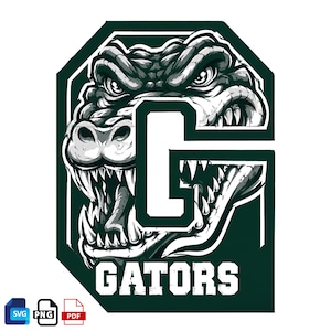 May include: A graphic design featuring a stylised dark green and white alligator head integrated with a large letter G. The word GATORS is printed in white block letters at the bottom. The design includes three small file format icons.
