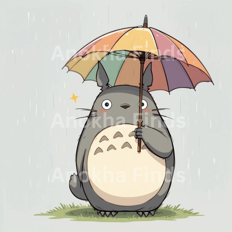 Op de afbeelding: Illustratie van een grijze, ronde creatuur die een regenboogparaplu vasthoudt in de regen. Het wezen heeft grote ogen, puntige oren en een witte buik met verschillende kleine, donkergrijze markeringen. De paraplu heeft een houten handvat.