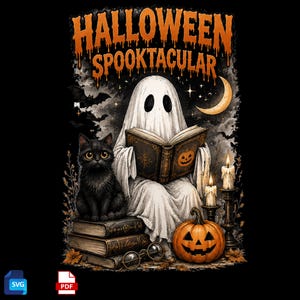 Halloween Spooky Ghost PNG | Cute Ghost Reading Book | Pumpkin Shirt PNG | Black Cat PNG | Spooky Season Sublimation