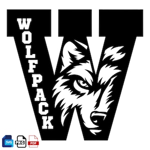 Puede incluir: Un diseño gráfico en blanco y negro que presenta una letra W grande con la palabra WOLFPACK escrita verticalmente en letras de bloque blancas a lo largo del lado izquierdo. Una ilustración estilizada de una cabeza de lobo se integra en la derecha.