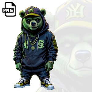 Gangster Bear Graffiti PNG: Urban Streetwear Sublimation Design ( Digital Download )