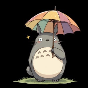 Op de afbeelding: Illustratie van een grijze, cartoonachtige creatuur die een kleurrijke paraplu vasthoudt. Het wezen heeft grote ogen, een cr&egrave;mekleurige buik en staat op een stuk groen gras tegen een zwarte achtergrond. Een gele ster staat naast het wezen.