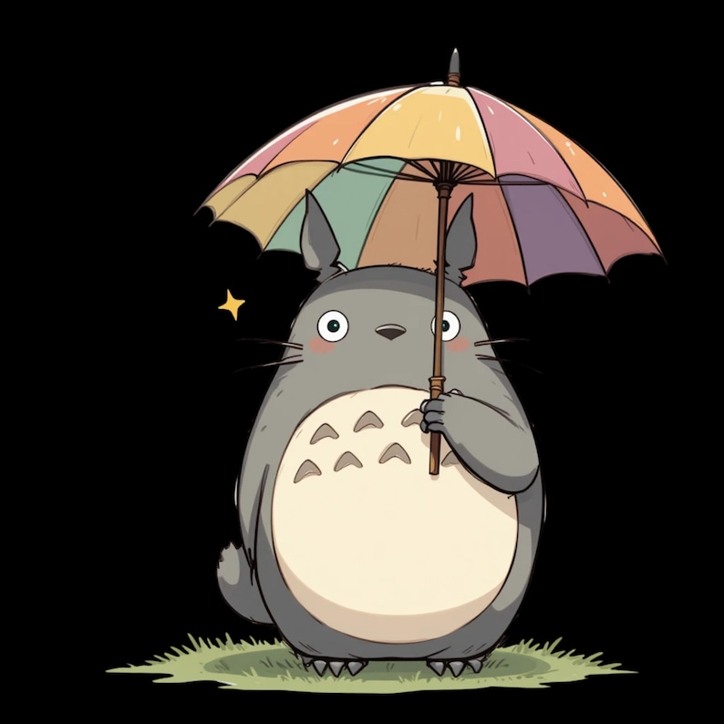 Op de afbeelding: Illustratie van een grijze, cartoonachtige creatuur die een kleurrijke paraplu vasthoudt. Het wezen heeft grote ogen, een cr&egrave;mekleurige buik en staat op een stuk groen gras tegen een zwarte achtergrond. Een gele ster staat naast het wezen.