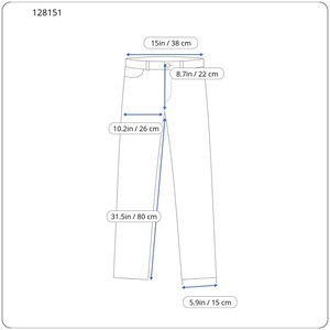 May include: A line drawing of pants labeled 128151 with measurements: 15 inches waist, 8.7 inches rise, 10.2 inches thigh, 31.5 inches inseam, and 5.9 inches leg opening. The diagram features blue arrows indicating the specific areas measured.