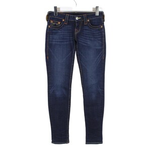 May include: Dark blue denim jeans featuring a classic five-pocket design, a button and zipper fly closure, and prominent orange contrast stitching along the seams and pockets. The fabric displays a faded wash effect on the thighs and knees.