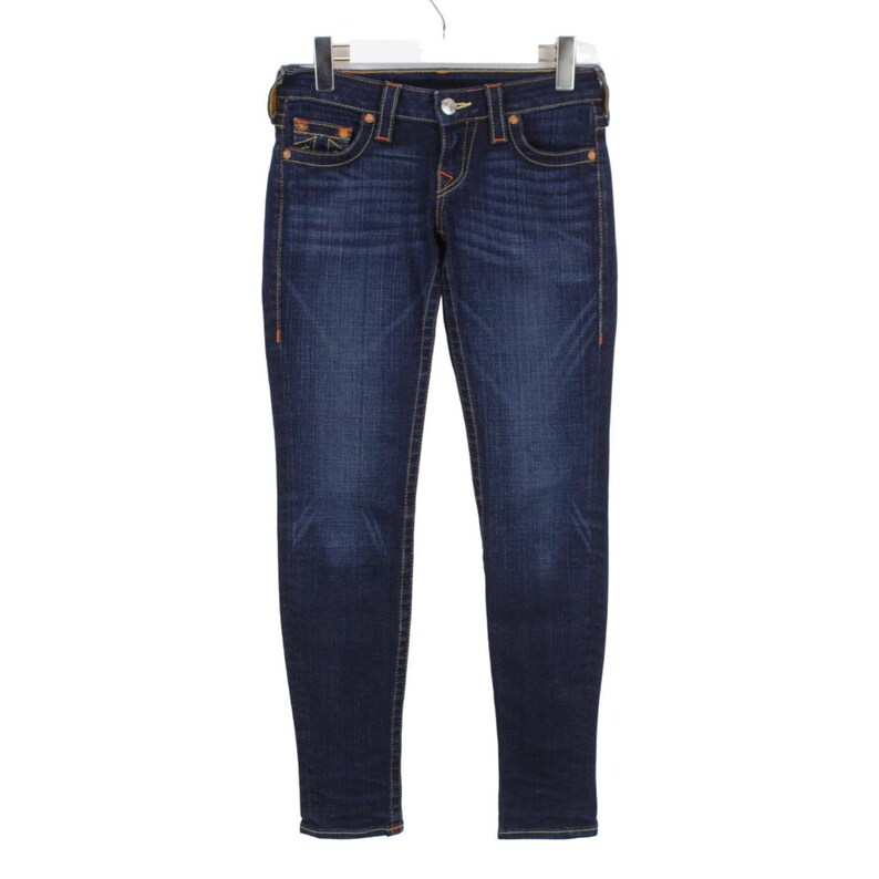 May include: Dark blue denim jeans featuring a classic five-pocket design, a button and zipper fly closure, and prominent orange contrast stitching along the seams and pockets. The fabric displays a faded wash effect on the thighs and knees.