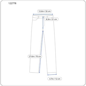 Puede incluir: Un pantal&oacute;n con un ancho de cintura de 32 cm, un tiro de 21 cm, una entrepierna de 70 cm y una abertura de pierna de 12 cm. El art&iacute;culo est&aacute; etiquetado con el n&uacute;mero 122778 y presenta l&iacute;neas de medici&oacute;n y flechas claras para las dimensiones.