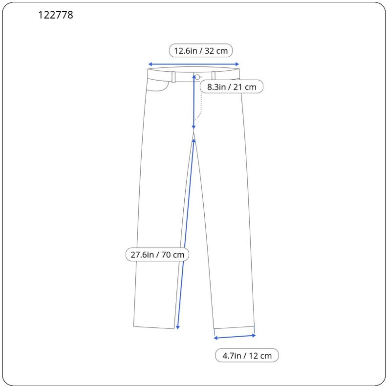 Puede incluir: Un pantal&oacute;n con un ancho de cintura de 32 cm, un tiro de 21 cm, una entrepierna de 70 cm y una abertura de pierna de 12 cm. El art&iacute;culo est&aacute; etiquetado con el n&uacute;mero 122778 y presenta l&iacute;neas de medici&oacute;n y flechas claras para las dimensiones.