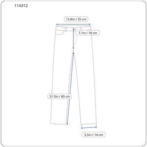 May include: A line drawing of pants with the number 114312 in the corner. Measurements include a 13.8 inch waist, 7.1 inch rise, 31.5 inch inseam, and 5.5 inch leg opening. The diagram features blue arrows indicating the specific areas being measured.