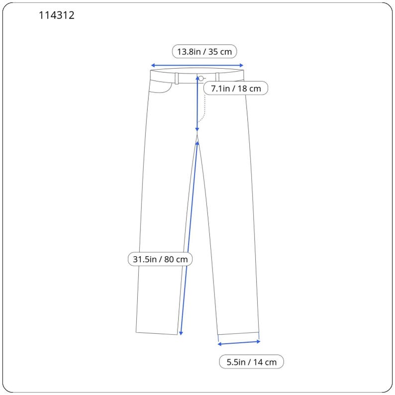 May include: A line drawing of pants with the number 114312 in the corner. Measurements include a 13.8 inch waist, 7.1 inch rise, 31.5 inch inseam, and 5.5 inch leg opening. The diagram features blue arrows indicating the specific areas being measured.