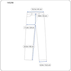 Pu&ograve; includere: Un paio di pantaloni etichettati 145298 con le misure: vita 41 cm, altezza cavallo 25 cm, coscia 29 cm, interno gamba 85 cm e apertura gamba 16,5 cm. Il diagramma mostra queste dimensioni specifiche chiaramente indicate da frecce blu.
