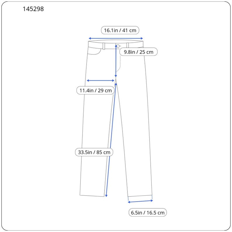 Pu&ograve; includere: Un paio di pantaloni etichettati 145298 con le misure: vita 41 cm, altezza cavallo 25 cm, coscia 29 cm, interno gamba 85 cm e apertura gamba 16,5 cm. Il diagramma mostra queste dimensioni specifiche chiaramente indicate da frecce blu.