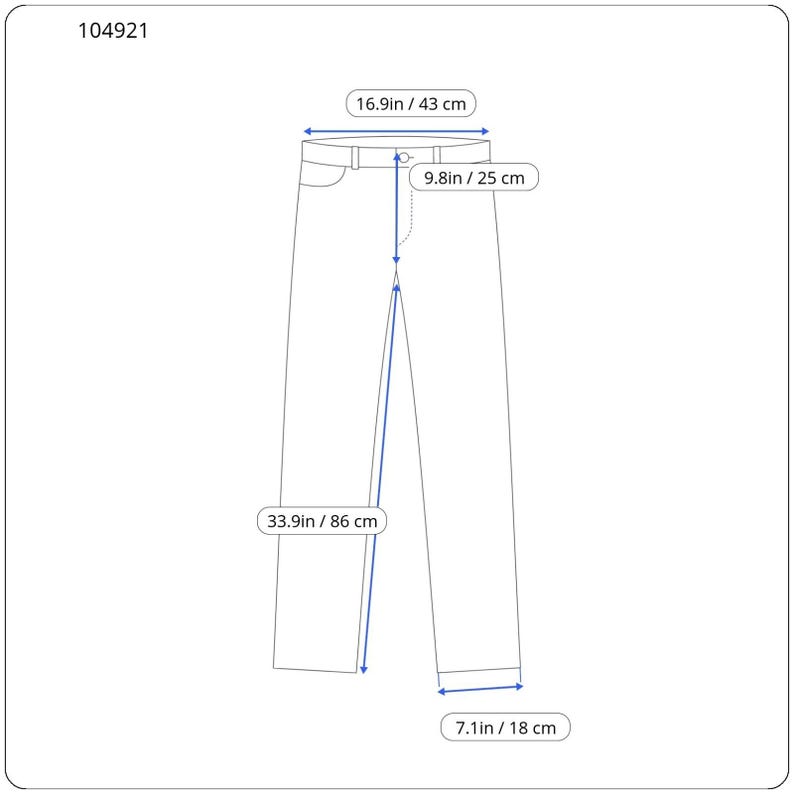May include: A pair of pants with a waist width of 16.9 inches, a rise of 9.8 inches, an inseam of 33.9 inches, and a leg opening of 7.1 inches. The item is labeled with the number 104921 and features blue measurement lines and text.