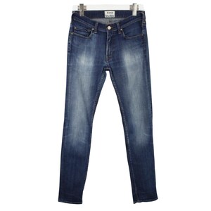May include: A pair of blue denim jeans with a faded wash, featuring a classic five-pocket design, a metal button closure, and a zipper fly. The waistband includes a white label with the black text Acne Studios centered at the back interior.