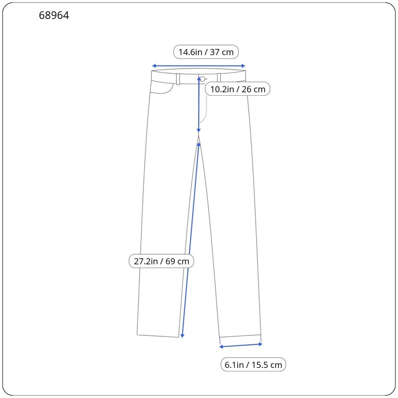 May include: A line drawing of trousers with a waist width of 37 cm, a rise of 26 cm, an inseam of 69 cm, and a leg opening of 15.5 cm. The diagram includes the reference number 68964 and blue dimension lines with arrows indicating measurements.