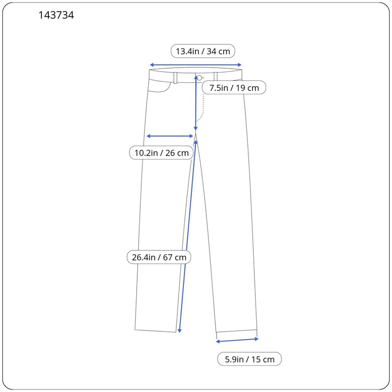 Peut inclure: Un dessin au trait d'un pantalon &eacute;tiquet&eacute; 143734 avec des mesures : taille 34 cm, hauteur de fourche 19 cm, cuisse 26 cm, entrejambe 67 cm et ouverture de jambe 15 cm. Le sch&eacute;ma utilise des fl&egrave;ches bleues pour indiquer les zones mesur&eacute;es.