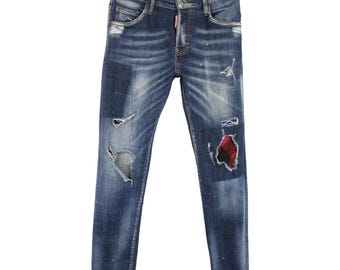 Jeans DSQUARED2 da uomo (EU) 44, blu consumato, con toppe e bottoni elasticizzati
