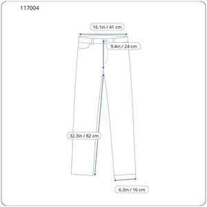 May include: A line drawing of pants labeled 117004, featuring a 16.1 inch waist, 9.4 inch rise, 32.3 inch inseam, and 6.3 inch leg opening. The diagram displays the front view of the garment with clear measurement lines and imperial units.