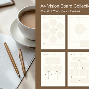 May include: A collection of A4 vision board templates with the text "A4 Vision Board Collection Visualize Your Goals & Dreams." The image includes a cup of coffee, pens, and a notebook. The templates feature various organizational layouts.