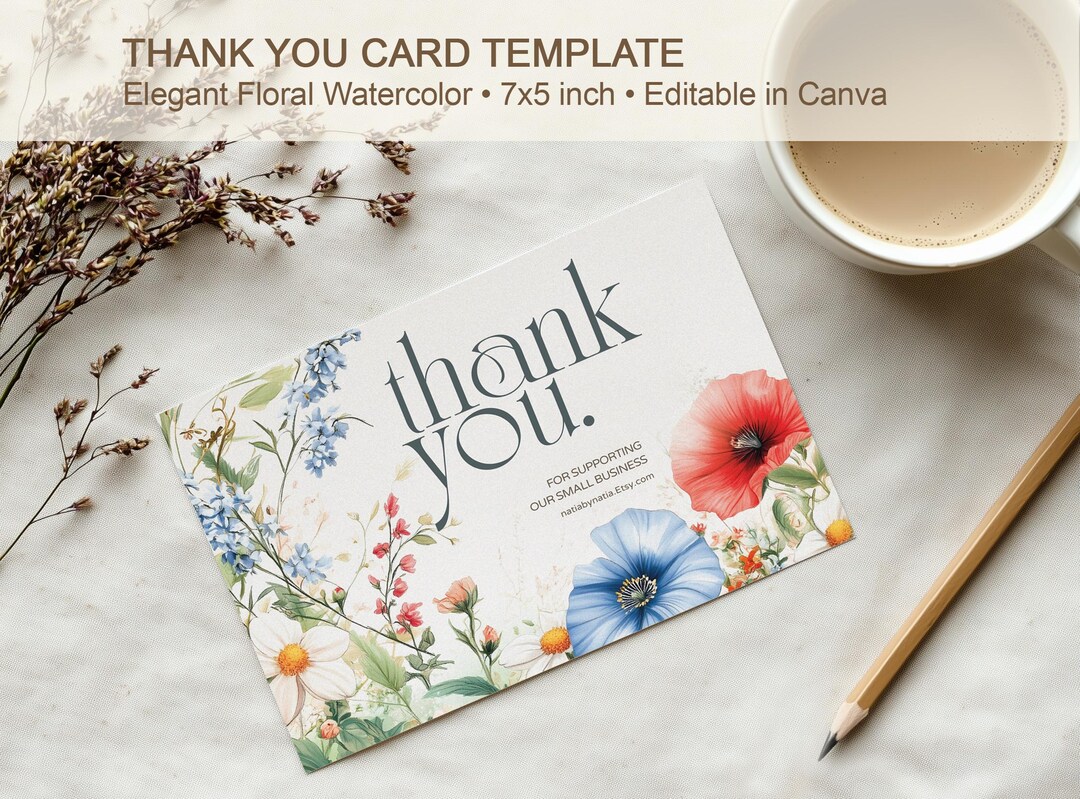 Wildflower Thank You Card • 7x5" Editable Template • Floral Business ...