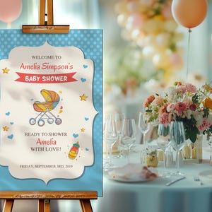 Blue Baby Shower Welcome Sign Editable | Printable Canva Poster with Stroller Theme | Boy Baby Shower Banner Template | Instant Download