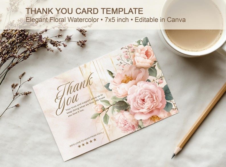 Vintage Floral Thank You Card • Roses & Peonies • 7x5" Editable ...