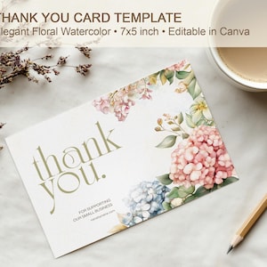 May include: A floral watercolor thank you card template, 7x5 inches, with the text "thank you." and floral accents. The card features pink, blue, and green flowers. A cup of coffee and a pencil are also in the image.