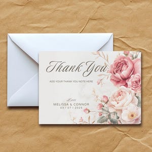 Printable Floral Thank You Card | Vintage Roses & Peonies | Elegant Botanical Design | DIY Download | Customizable Digital Postcard
