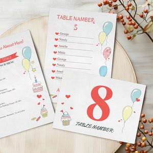 Süßes Babyparty-Tischkarten-Set - Bearbeitbares Menü, Gästeliste & Tischnummer - Pastellkuchen und Luftballons - Canva PDF - Geschlechterneutral