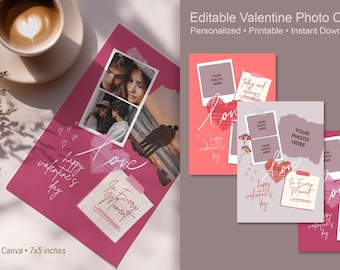 Cartão de colagem de fotos para o Dia dos Namorados, modelo editável no Canva, cartão de amor para imprimir, presente romântico de aniversário.