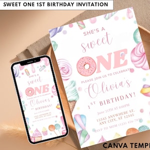 Sweet One 1st Birthday Invitation Girl, Editable Pink Birthday Invite, First Kids Birthday Party Template, Instant Download Digital Invite