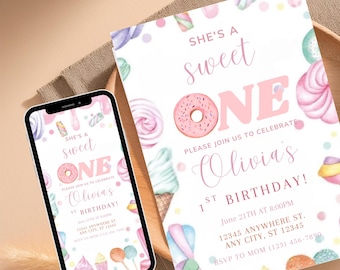 Sweet One 1st Birthday Invitation Girl, Editable Pink Birthday Invite, First Kids Birthday Party Template, Instant Download Digital Invite