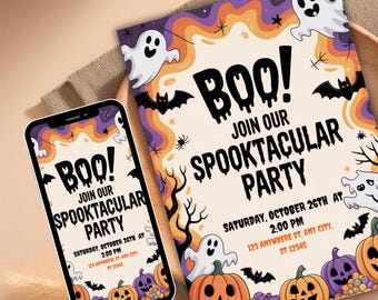 May include: Halloween party invitation with the text "BOO! Join our Spooktacular Party". The design features ghosts, bats, pumpkins, and the date and time of the event. A smartphone displays the same invitation. The words "CANVA TEMPLATE" are at the bottom.