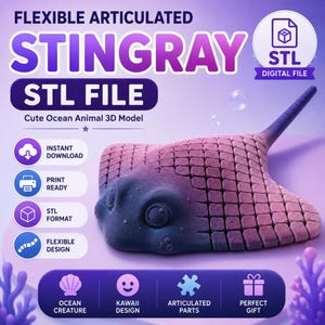 May include: A 3D model of a flexible articulated stingray with a gradient purple and blue color scheme. The image includes text: FLEXIBLE ARTICULATED STINGRAY STL FILE, Cute Ocean Animal 3D Model, INSTANT DOWNLOAD, PRINT READY, STL FORMAT, FLEXIBLE DESIGN.