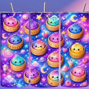 May include: A cylindrical tumbler with a straw featuring a vibrant galaxy background filled with stars, planets, and moons. The design includes multiple colorful, smiling bao buns in bamboo steamers, along with small boba tea and donut icons.