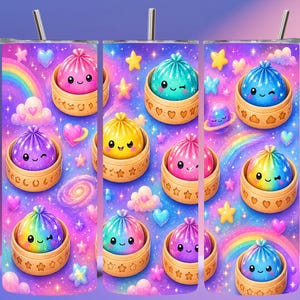 Op de afbeelding: Een cilindrische beker met rietje voorzien van een kleurrijke sterrenstelsel-achtergrond met regenbogen, wolken en sterren. Het ontwerp bevat meerdere cartoon-achtige dumplings met gezichtjes in kleine houten stoommandjes met hartjes.