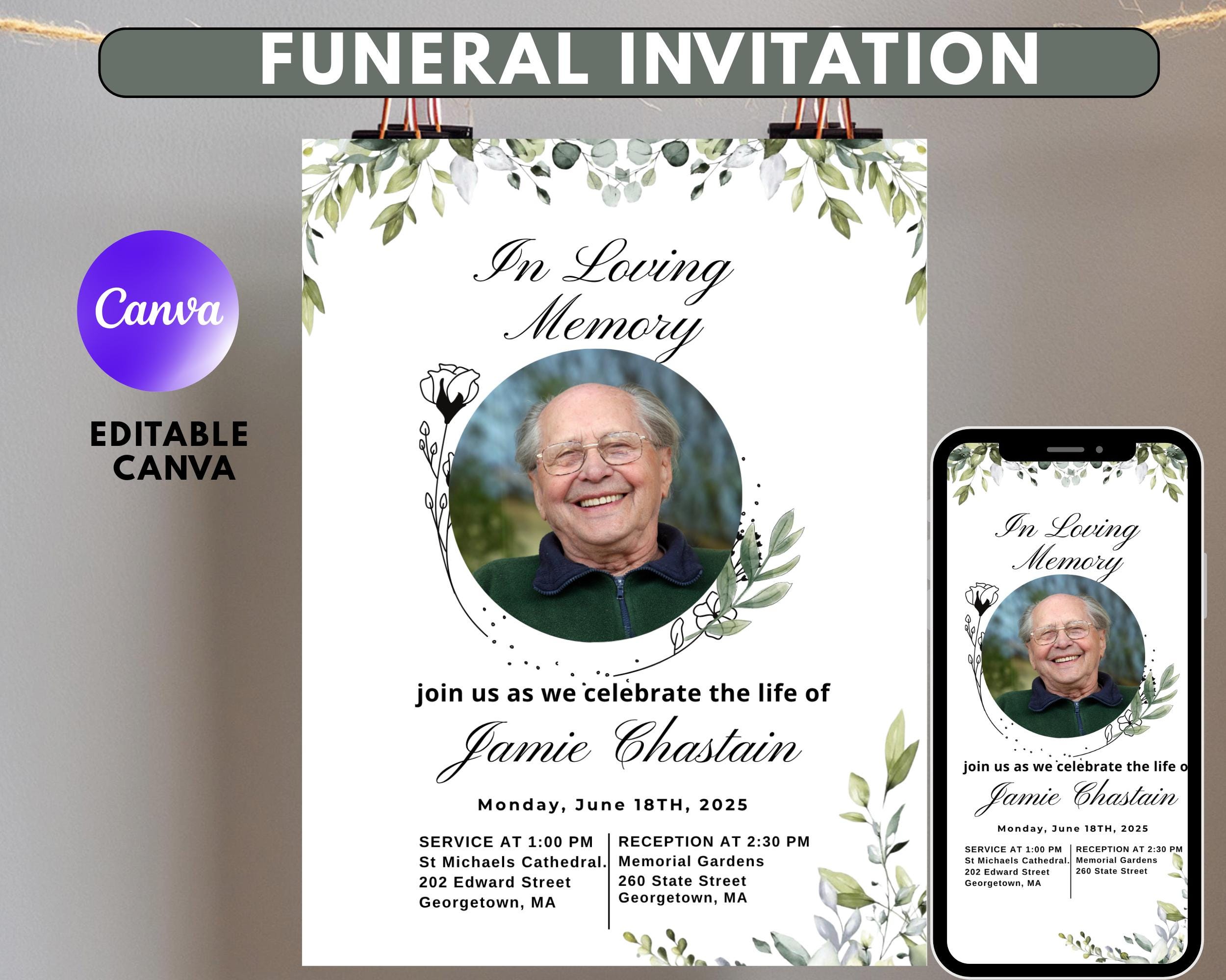 Funeral Invitation | Canva Editable Digital Memorial Announcement ...