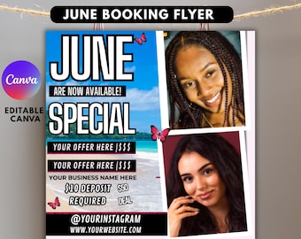 June Booking Flyer, Summer Booking Flyer, Diy Flyer Template Design, Booking Flyer For Makeup, Hair, Lashes, Nails, Canva Editable Beauty