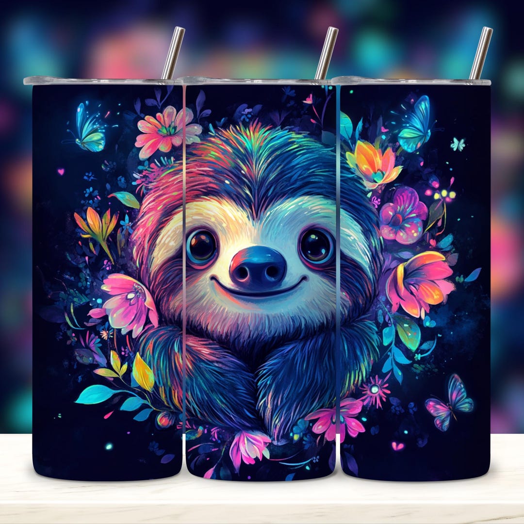 Floral Sloth 20 Oz Tumbler Wrap: Vibrant PNG Sublimation Design ...