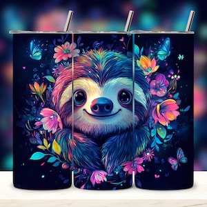Sloth Tumbler Wrap PNG 20 oz Skinny Tumbler Sublimation Design Cute Sloth Tumbler Floral Sloth Tumbler Wrap Vibrant Colors Digital Download