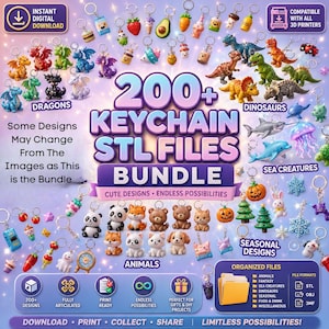 May include: A digital bundle of 200+ keychain STL files featuring various 3D printable designs including dragons, dinosaurs, sea creatures, animals, and seasonal items. The collection includes organised folders for animals, sea creatures, seasonal, food, and drink categories, compatible with all 3D printers for instant download.