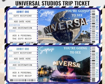 Universal Studios-reisticket bewerkbare sjabloon, verrassingsvakantiecadeau, themapark onthullen, afdrukbare instapkaart, Canva Instant Download