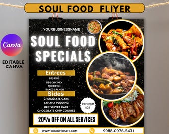 Soulfood-dinerflyer, online soulfood-zondagflyer bewerken, instant download, verjaardagsdinerflyer, diner Sale-flyer Restaurantmenukaart