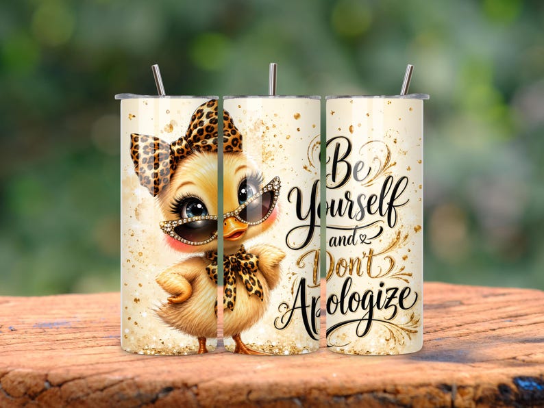 May include: A cylindrical tumbler with a straw featuring a yellow duckling wearing leopard print accessories and sunglasses. The design includes gold glitter accents and the black cursive text: Be Yourself and Don't Apologize. The background is cream.
