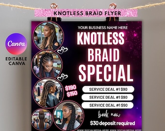 Knotless Braid Flyer, Hair Stylist Braiding Knotless Wigs Social Media Template, Editable Canva Hairstylist Appointments Available Book Now