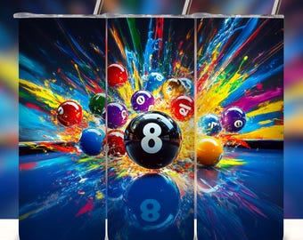 May include: A colorful abstract design with a pool table and billiard balls, including the 8 ball, in the center. The design is on a stainless steel tumbler.