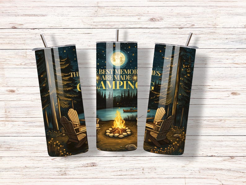 May include: Three stainless steel tumblers with a camping scene. The center tumbler has the text "The Best Memories Are Made Camping".